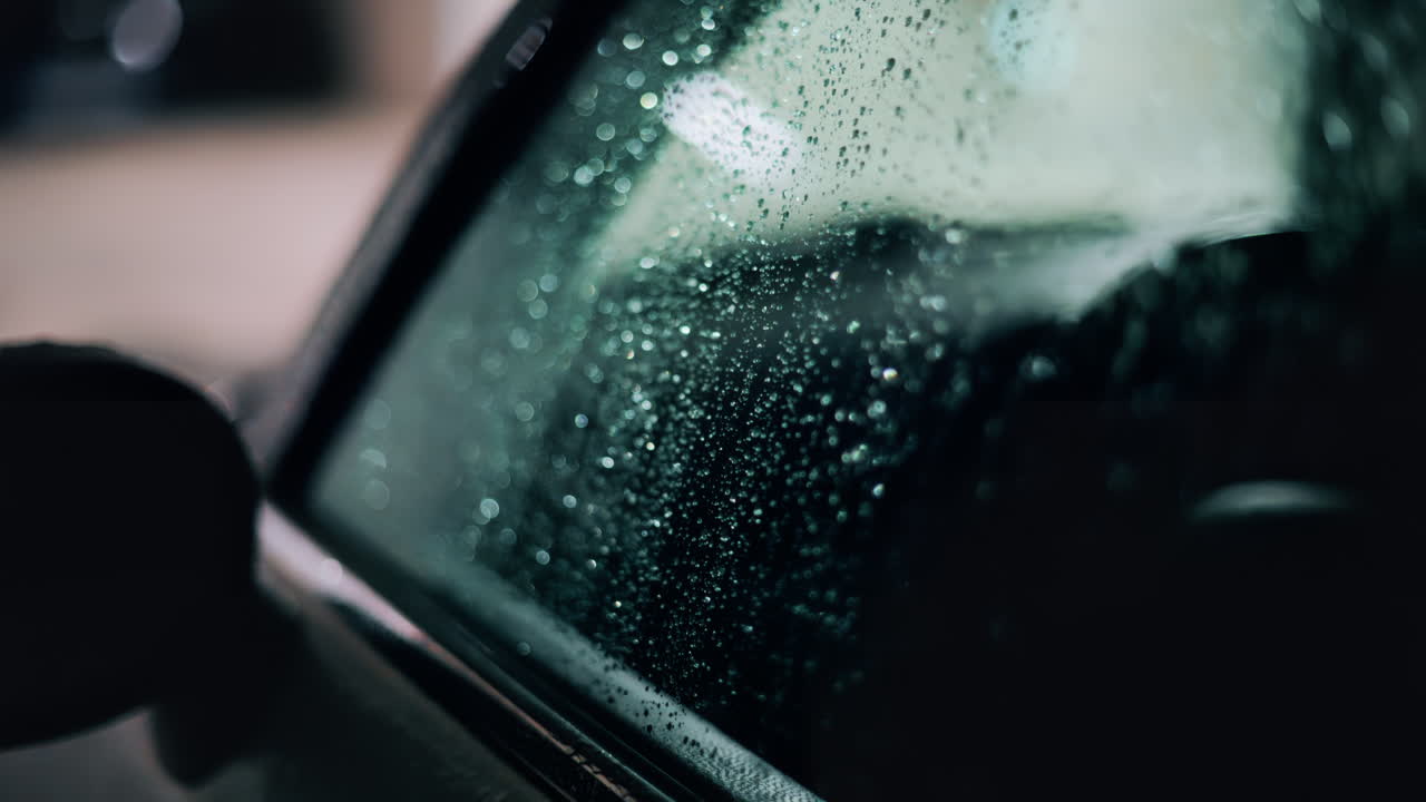 Raindrops on a car window illuminated by city lights