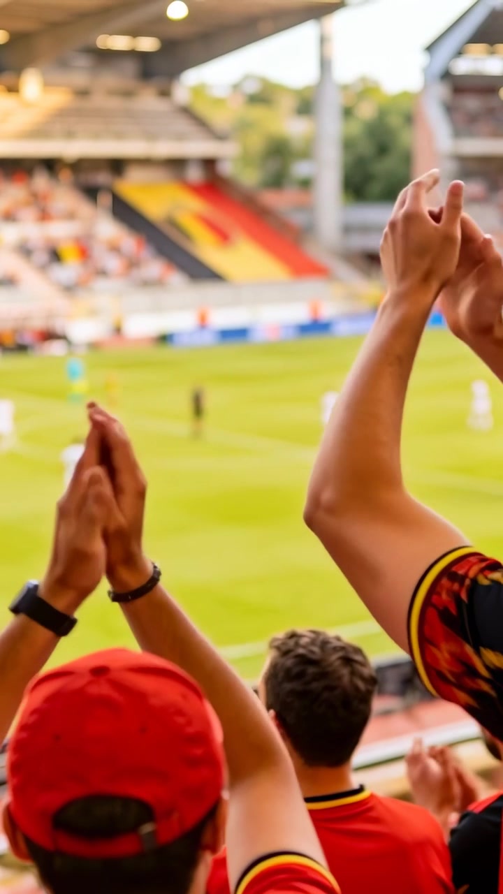 Video vertical: Aficionado aplaudiendo con gorra roja y camiseta levantando los brazos después de la jugada en el estadio con campo.