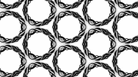 animación en bucle sin costuras de 4k de patrón en blanco y negro con cintas son retorcidas y forman estructuras circulares complejas como patrón de adorno simétrico o caleidoscópico