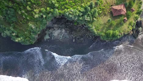 Overhead-sliding-drone-shot-of-coastline-with-green-trees