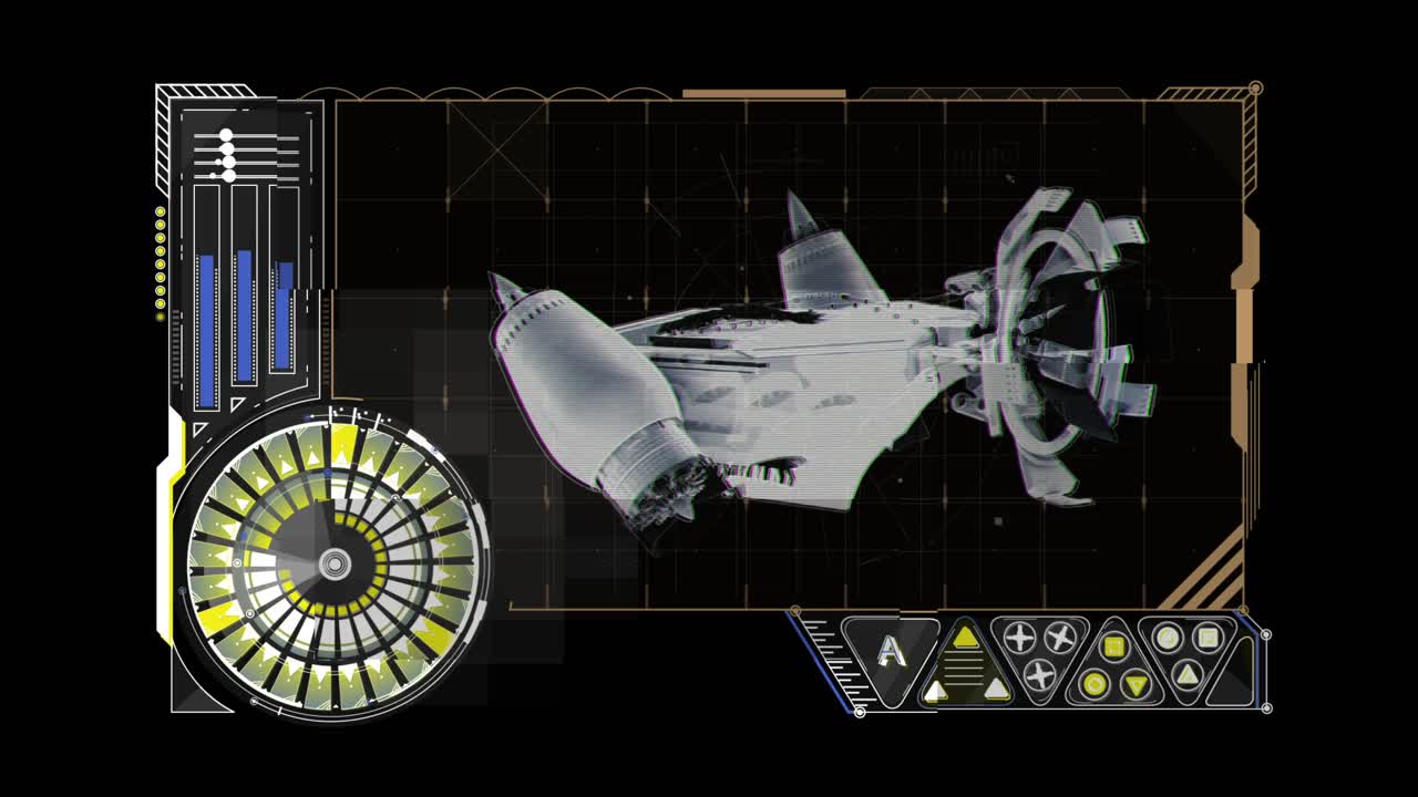 복잡한 인포그래픽 요소와 함께 hud 인터페이스 화면에 있는 우주선 홀로그래픽 구조
