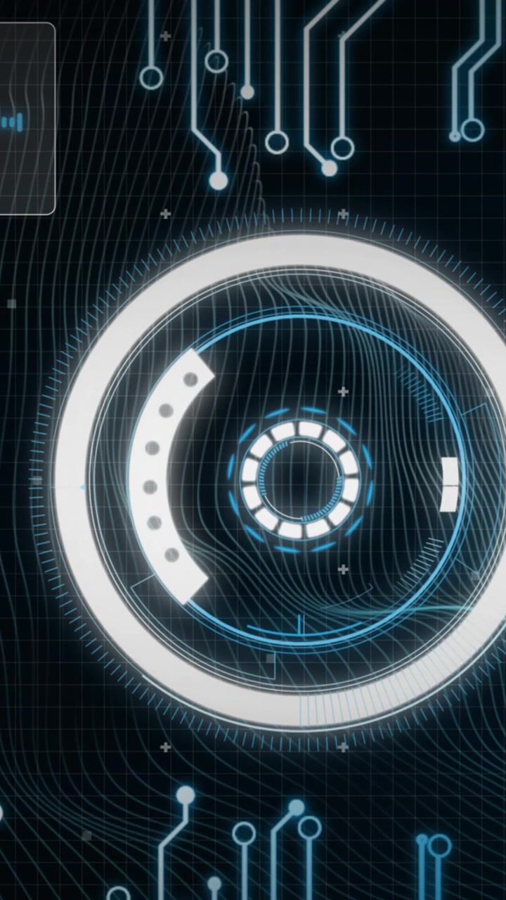 Animation of circular scanner and processing data on interface over motherboard on black background