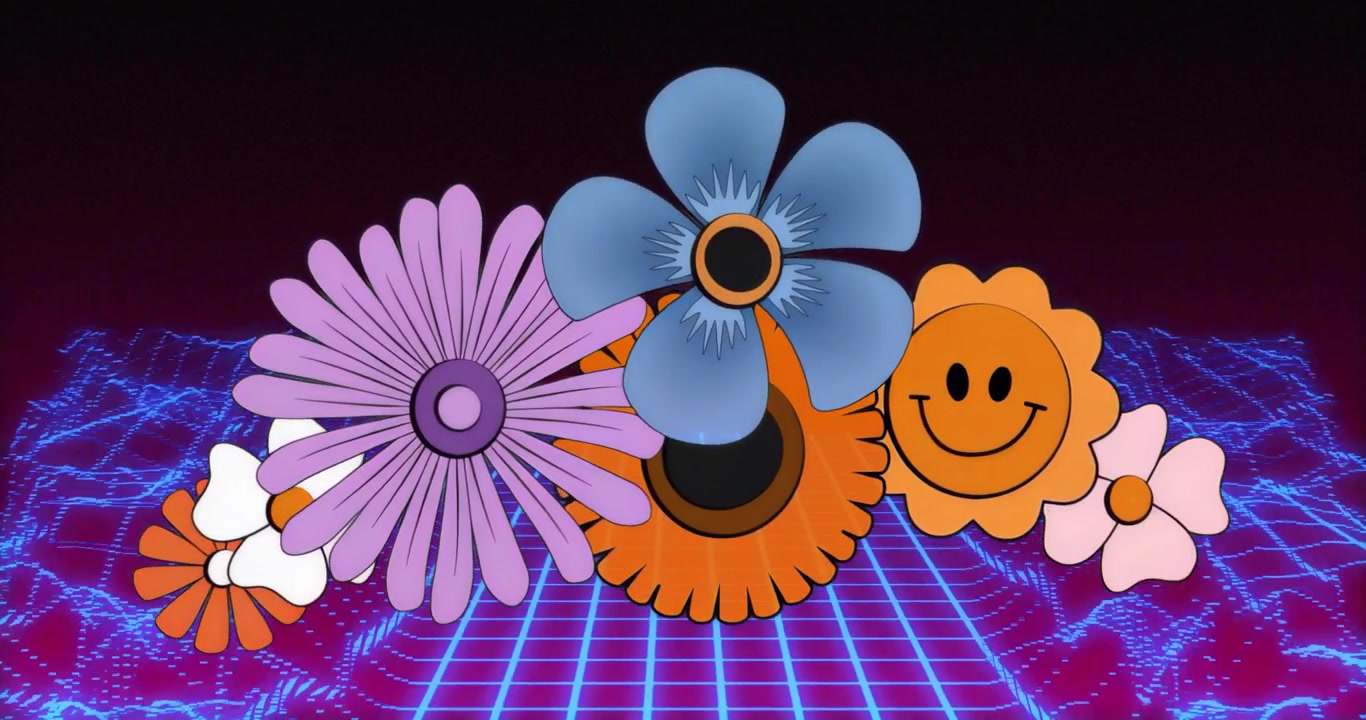 Grappolo di fiori che si generano a griglia mentre i boccioli pulsano e ondeggiano, con la telecamera che zooma per un effetto neon