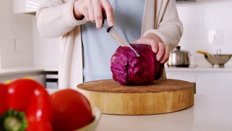 Mid-section-of-woman-cutting-red-cabbage-in-kitchen