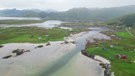 Lofoten-Inseln-Dramatische-Naturlandschaft-Und-Eggum-Fischerdorf---Luftaufnahme-4k