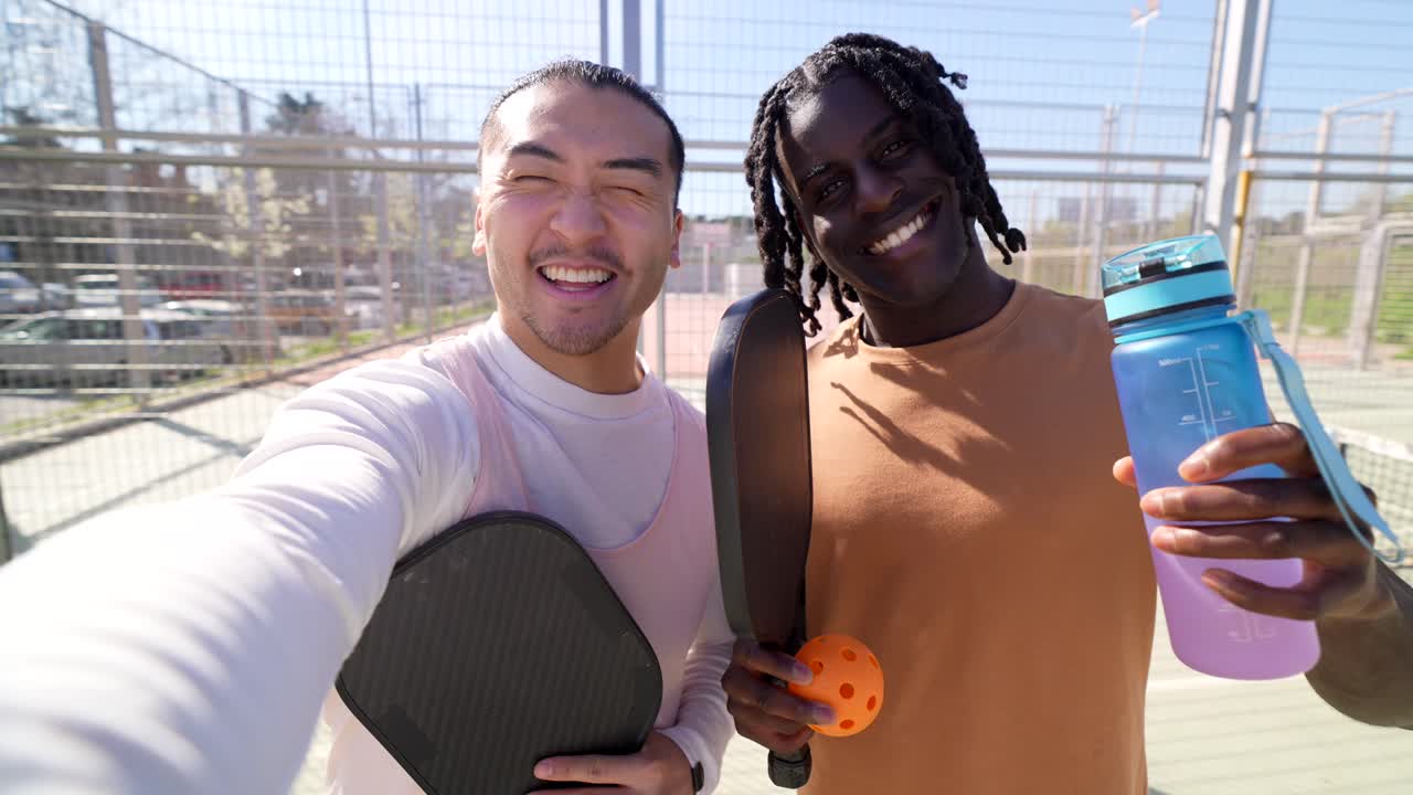 Two Happy Diverse Men Taking a Selfie on a Pickleball Court
