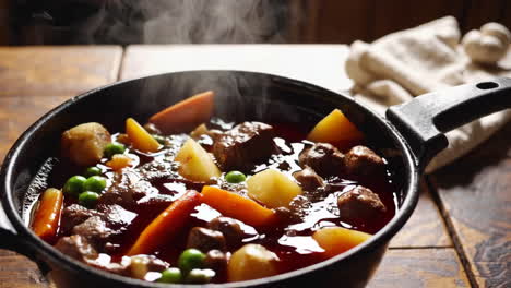 hearty steaming beef stew with vegetables being stirred