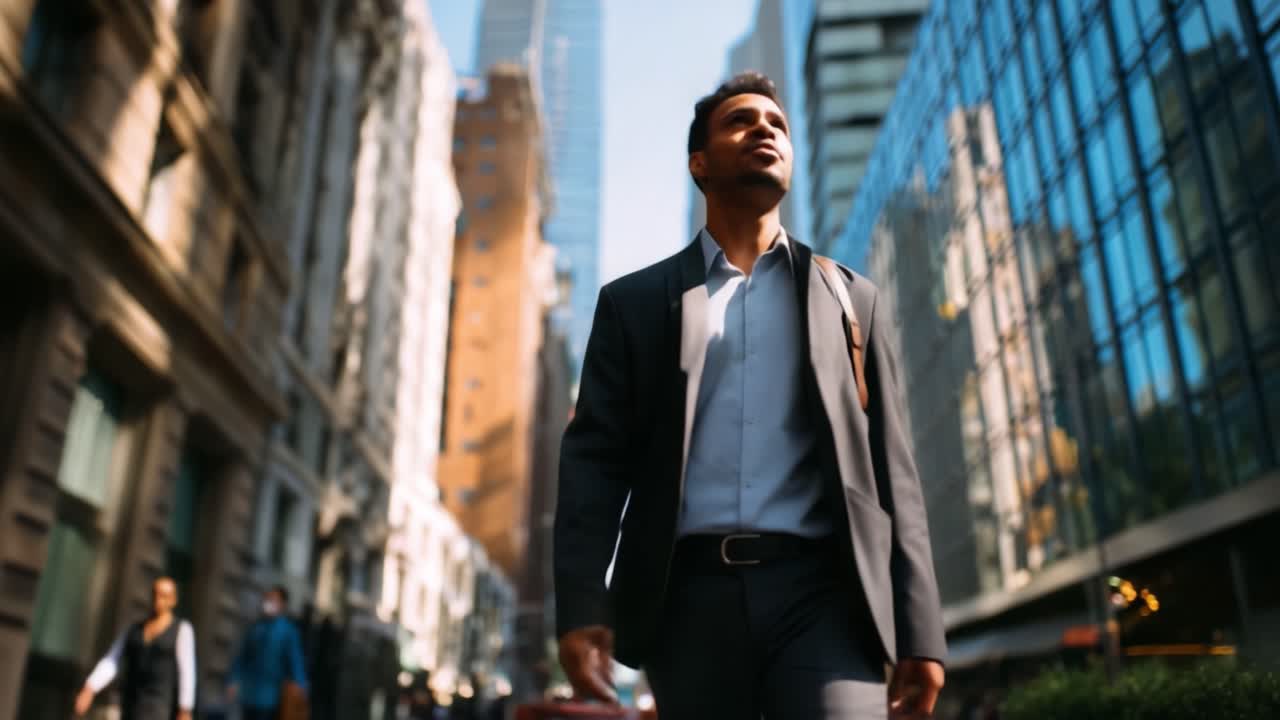 A professional man confidently walking through a vibrant urban street, surrounded by modern architecture and bustling city life, embodying ambition and focus