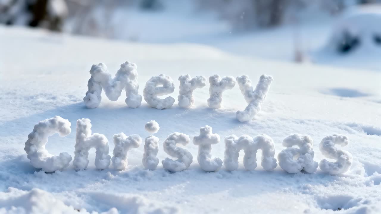 Showing Merry Christmas snow letters as camera pushing on snow slope, falling snow for greeting