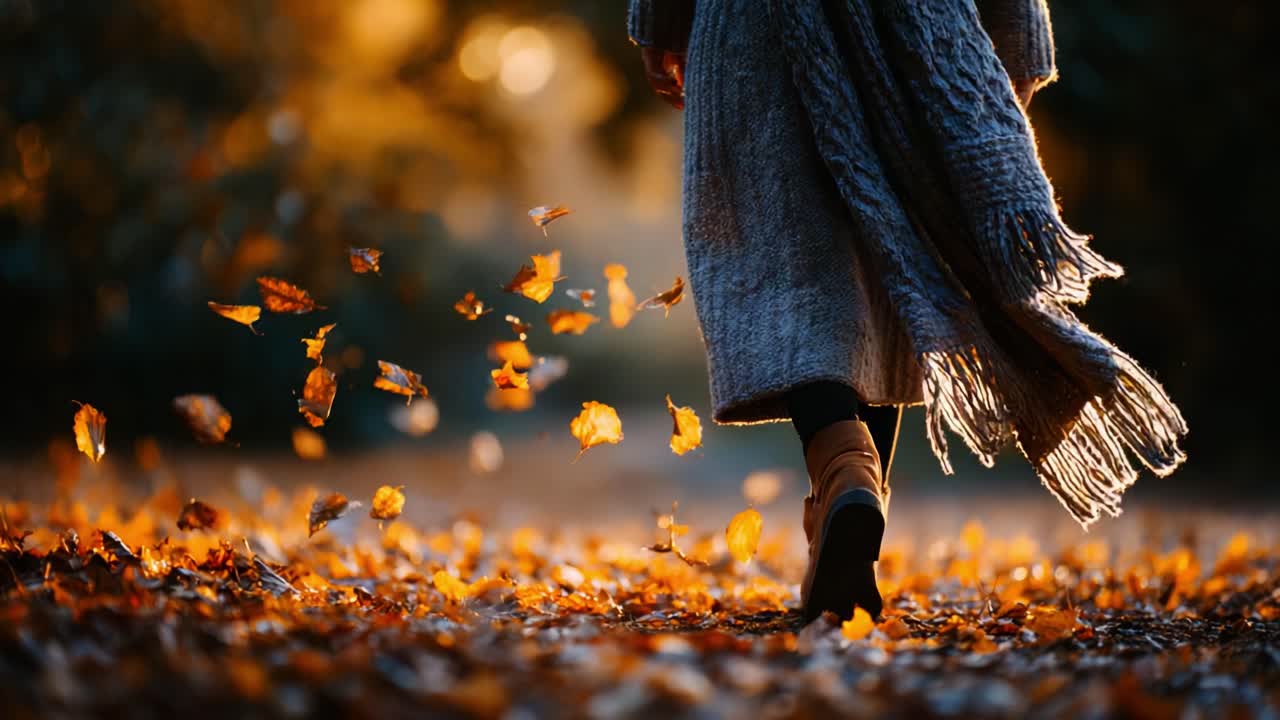 A Serene Autumn Stroll: Capturing the Beauty of Nature as a Person Walks Through a Colorful Blanket of Fallen Leaves in a Tranquil Outdoor Setting
