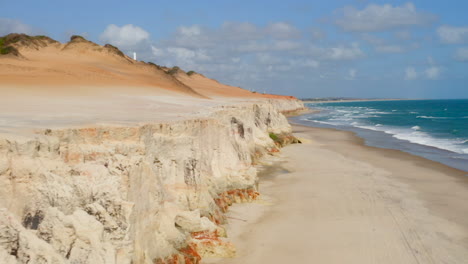 Vista-Aérea-De-Los-Acantilados-Y-La-Playa-De-Morro-Branco,-Ceará,-Fortaleza.