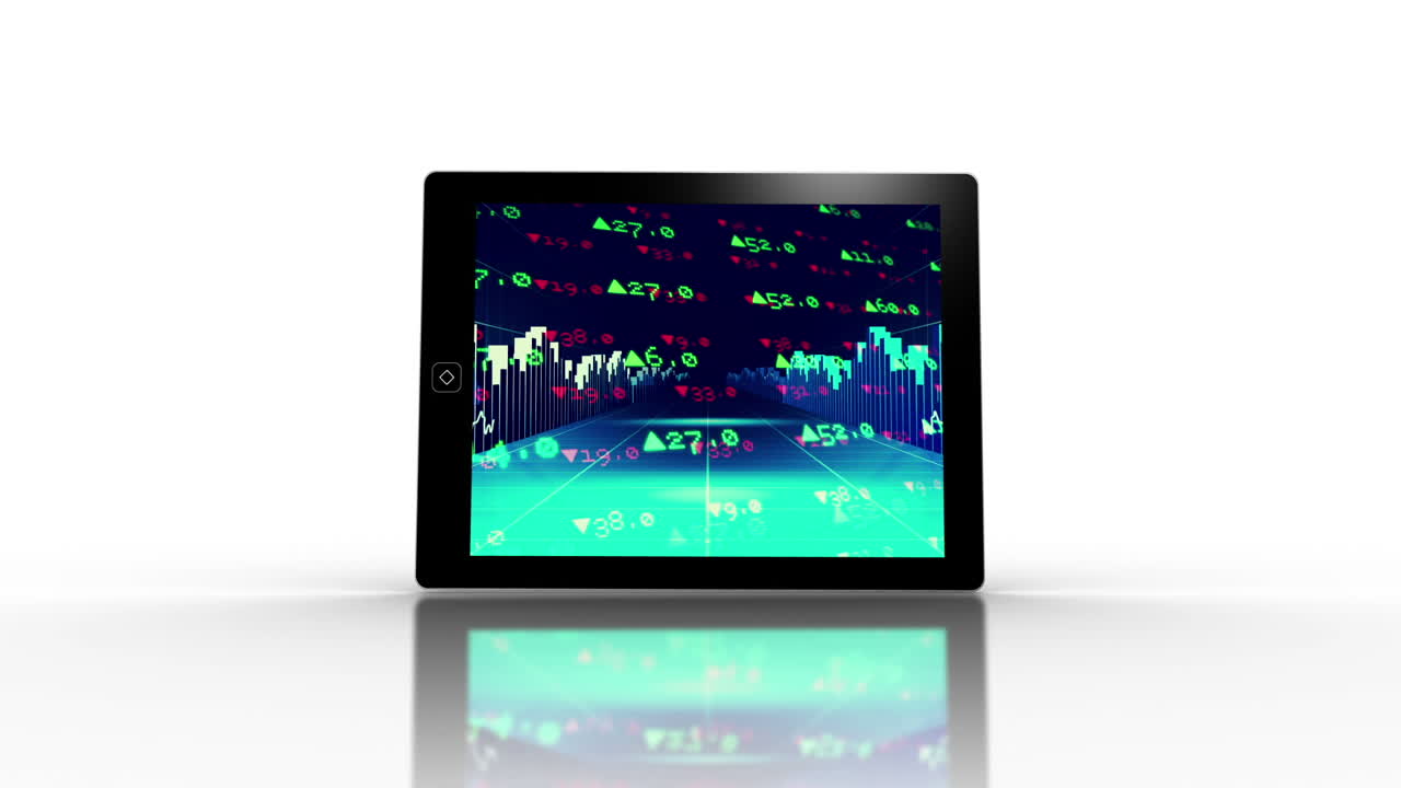 Media device screens showing stocks and shares