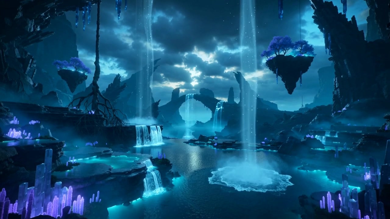 Air terjun mengalir mengisi kolam utama, menciptakan cincin percikan berkabut di gua dengan pulau terapung.