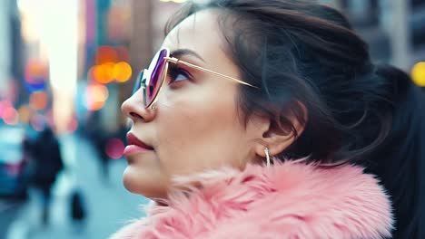 a woman wearing a pink fur coat and sunglasses