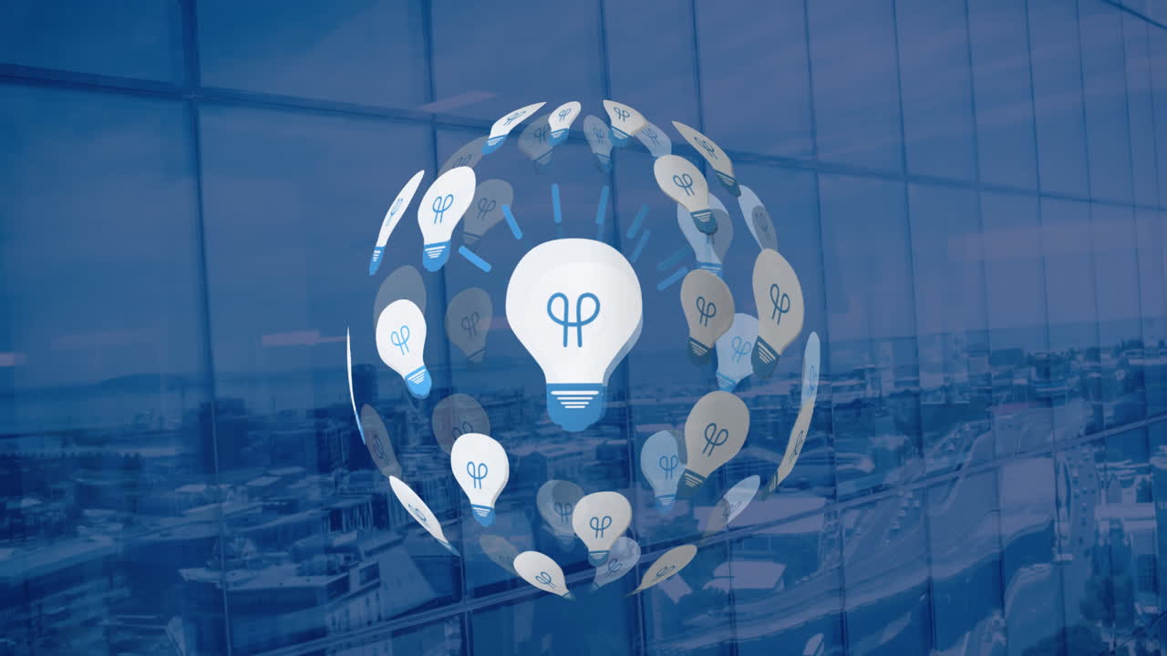 도시 풍경 위에 전구로 형성 된 지구의 애니메이션