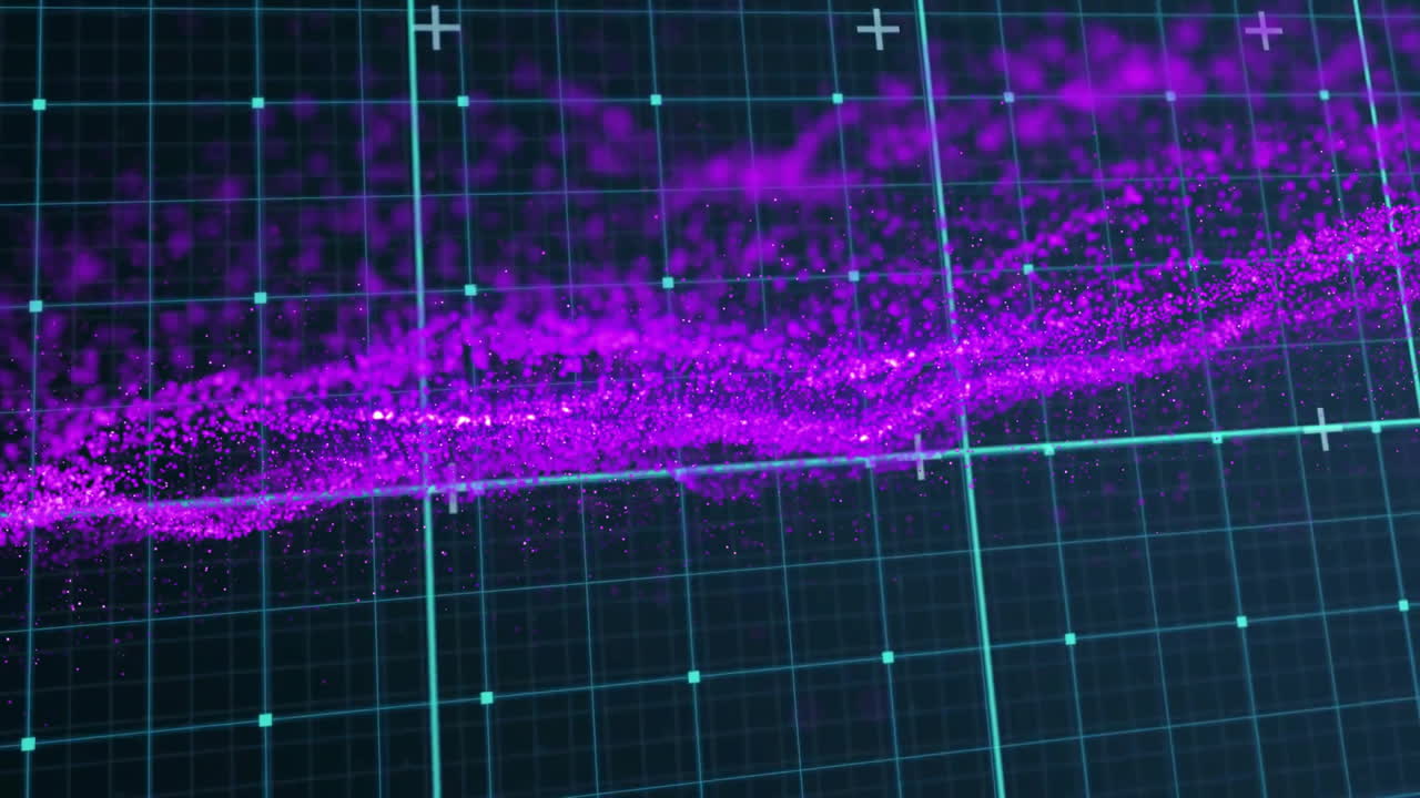 Diagonal band of purple-pink particles moving across neon 3D grid, showing plus markers and nodes