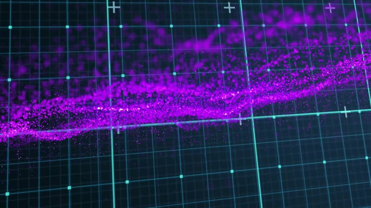 Banda diagonale di particelle viola-rosa che si muovono su una griglia 3D al neon, mostrando marcatori a croce e nodi