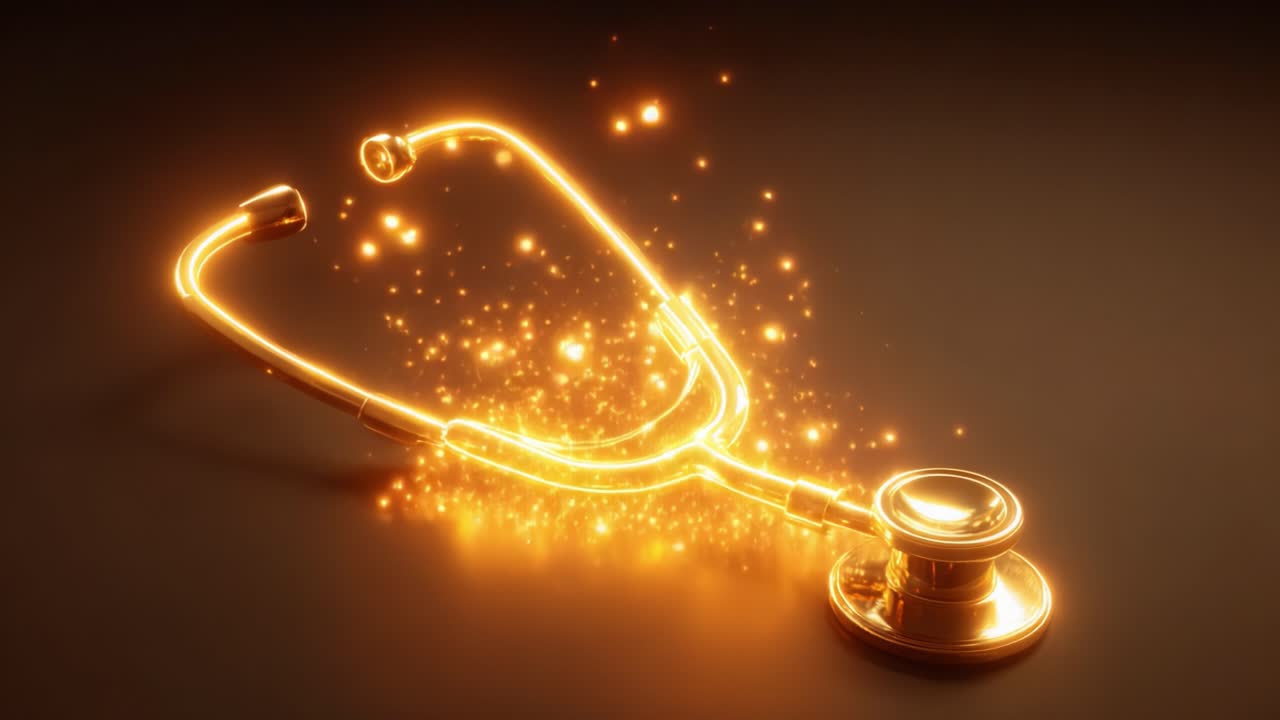 A mesmerizing golden stethoscope emanating soft sparks, representing the innovative blend of healthcare and technology in modern medical practices, shining with a warm glow