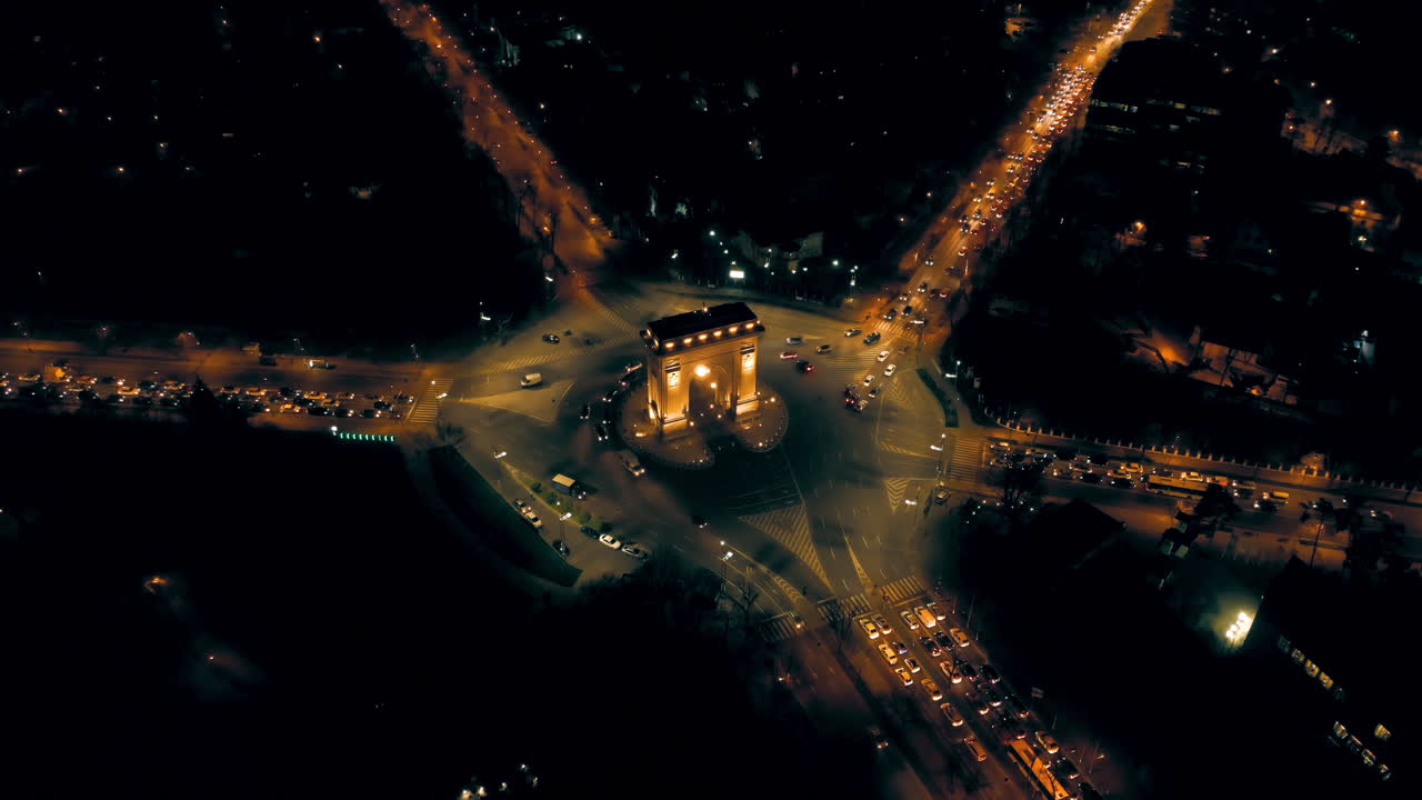 Aerial View of Arc de Triomphe in Bucharest at Night