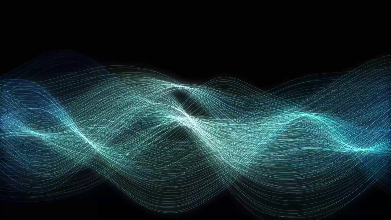 Animazione astratta in loop continuo di nastri ondulati blu e ciano luminosi su sfondo nero