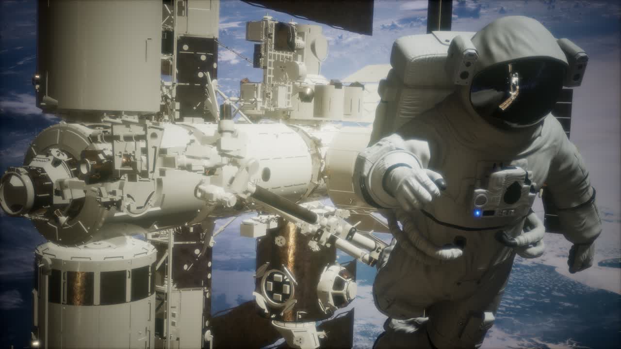 지구 위의 우주 공간에 있는 국제 우주 정거장과 우주 비행사