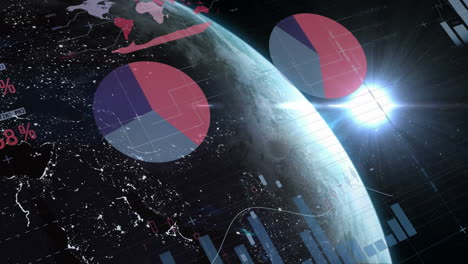 animación digital del procesamiento de datos estadísticos frente a un punto de luz y un globo que gira en el espacio