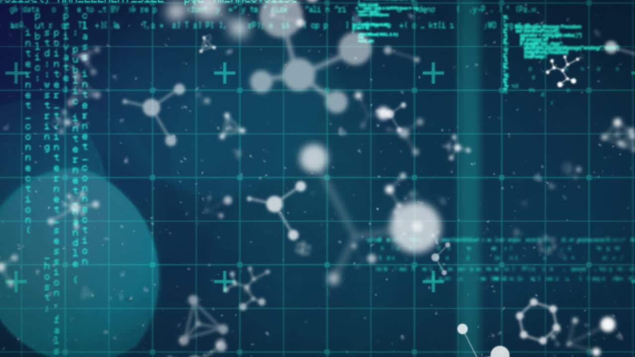 Molecular structures floating against data processing on blue background
