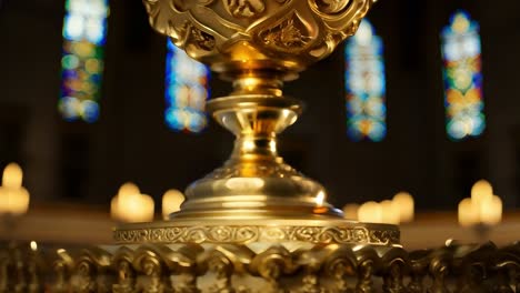 un cáliz dorado en un altar, rodeado de velas parpadeantes, crea una atmósfera serena en un entorno de iglesia