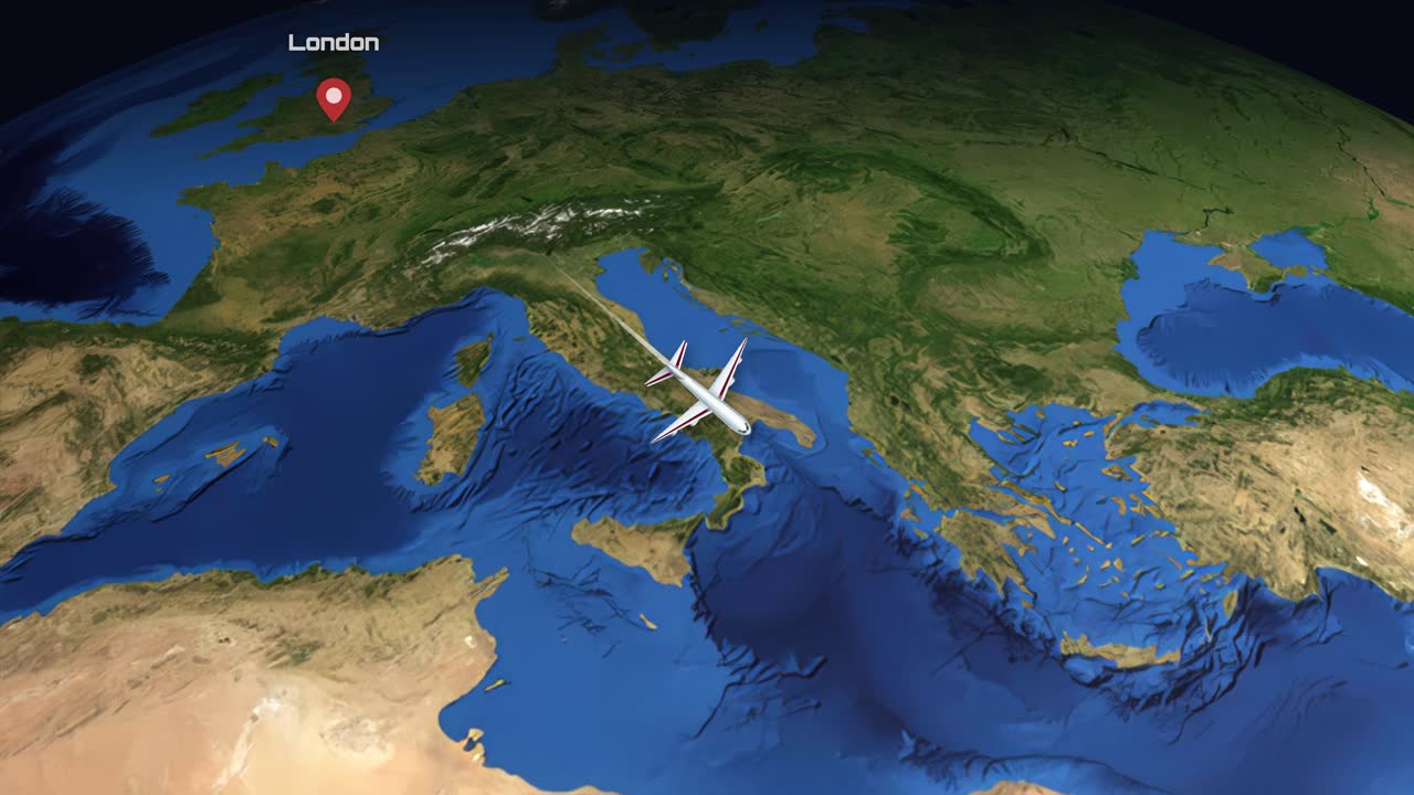 A digital animation tracks a commercial airplane flying from London across Africa to Mauritius
