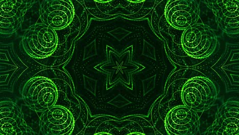 4k looped sci-fi 3d background with glow green particles form lines, surfaces, pattern, kaleidoscope structures. abstraction symmetrical point structures in motion.