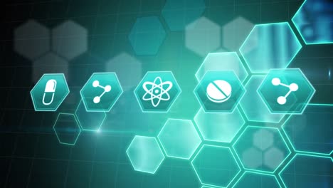 Animation-of-network-of-medical-hexagon-icons-on-green-background