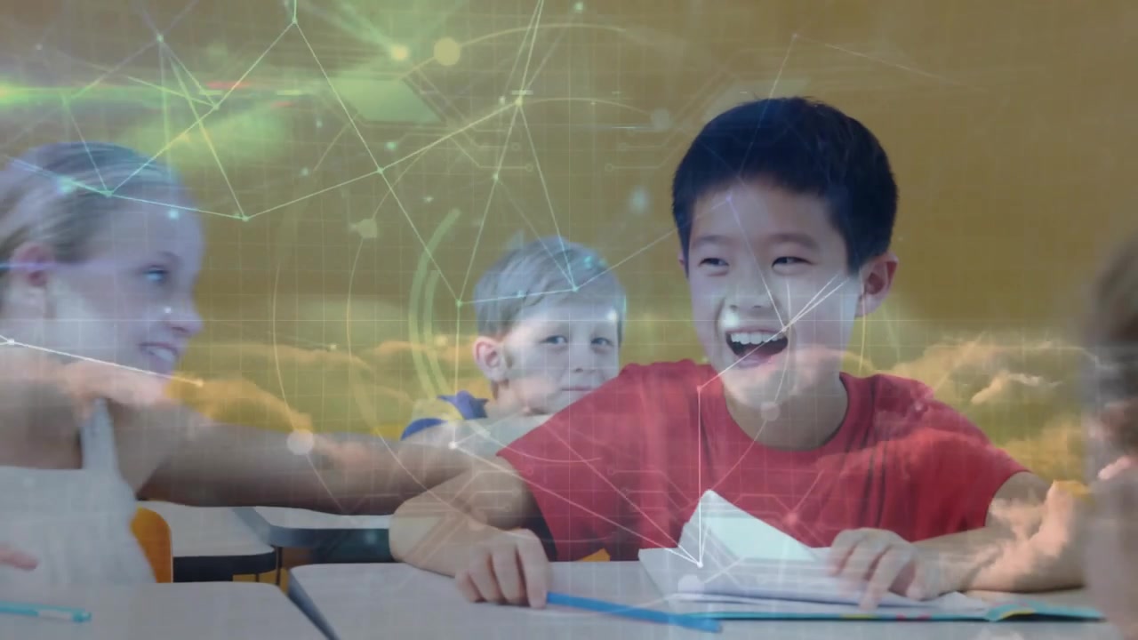 School Children Whispering and Laughing in Classroom with Digital Overlay