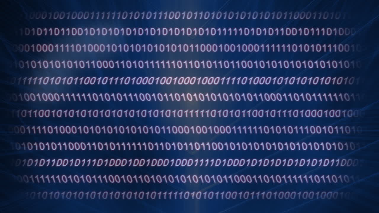 Animation of data processing and binary coding on blue background