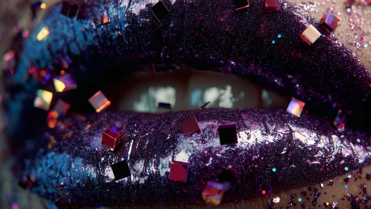 Stunning Close-Up of Glittering Lips Adorned with Iridescent Sparkles and Shimmering Hues, Capturing the Essence of Bold Makeup Artistry and Vibrant Aesthetic Expression in a Captivating Visual Display