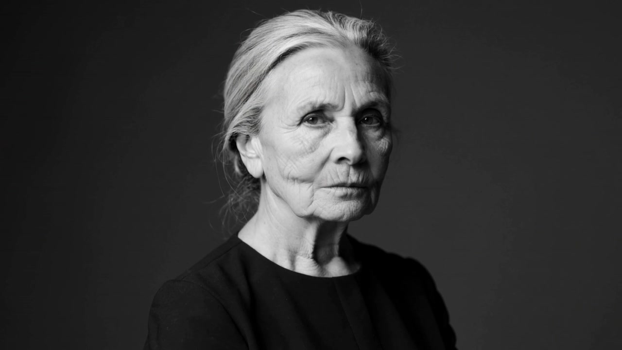 Donna anziana che si sistema e incontra lo sguardo della telecamera mentre l'inquadratura si stringe per un ritratto in studio, con un top scuro.