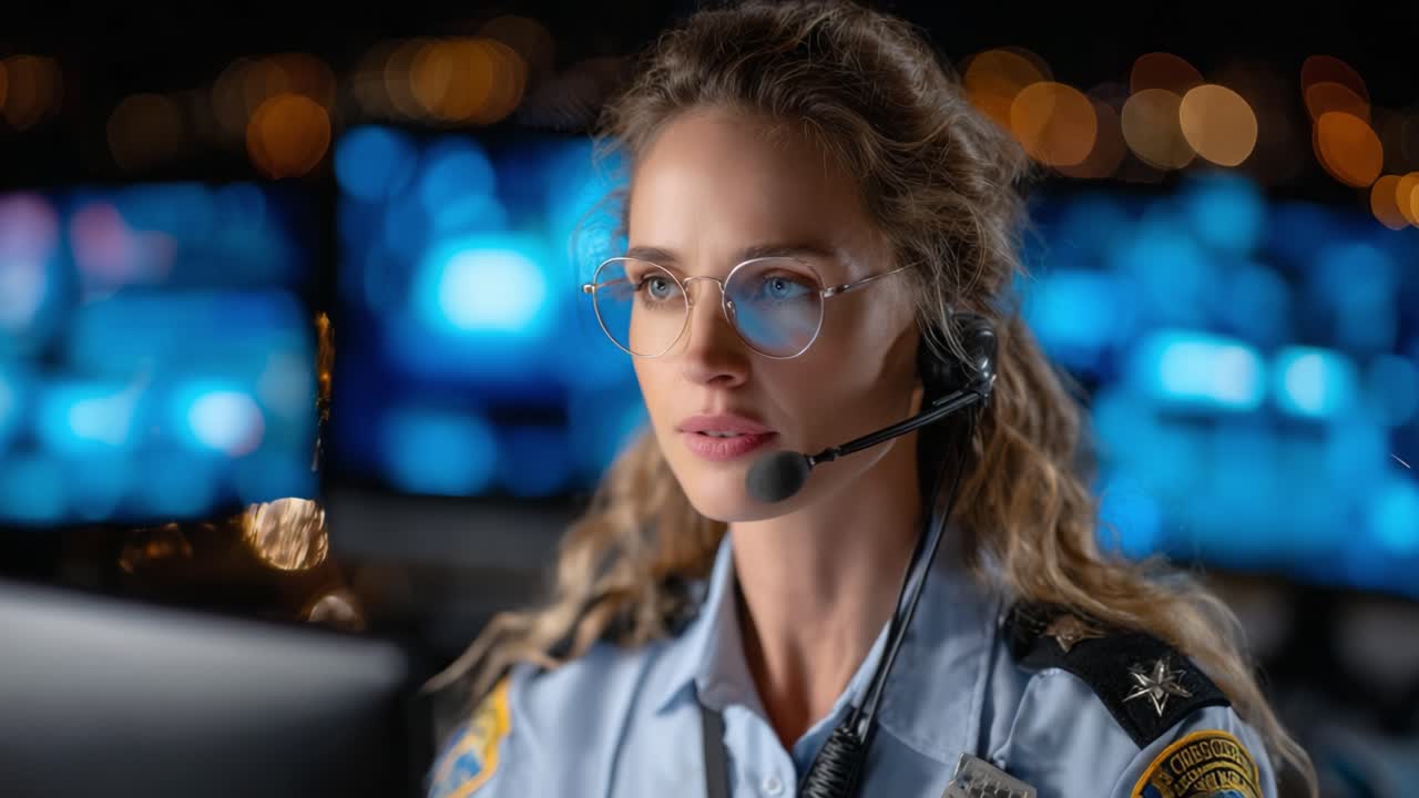 Un Operatore Concentrato Monitora i Filmati di Sicurezza in una Sala di Controllo High-Tech, Mettendo in Mostra Professionalità e Vigilanza in un Moderno Ambiente di Sorveglianza