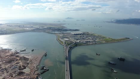 Hong-Kong-Zhuhai-Macau-Bridge-on-a-beautiful-day,-wide-angle-aerial-view