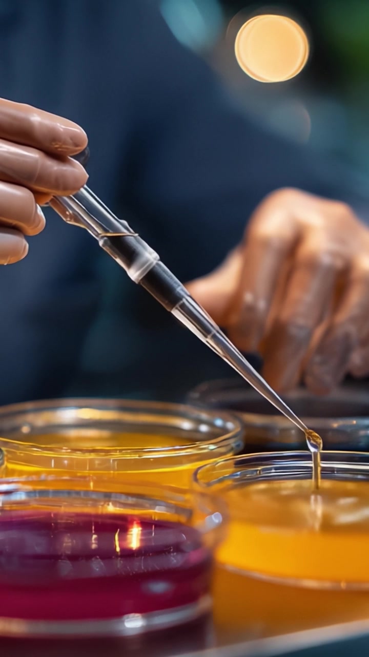 Precisione e cura nelle tecniche di laboratorio: manipolazione esperta di una pipetta su piastre Petri con agar colorato per la sperimentazione e l'analisi scientifica.