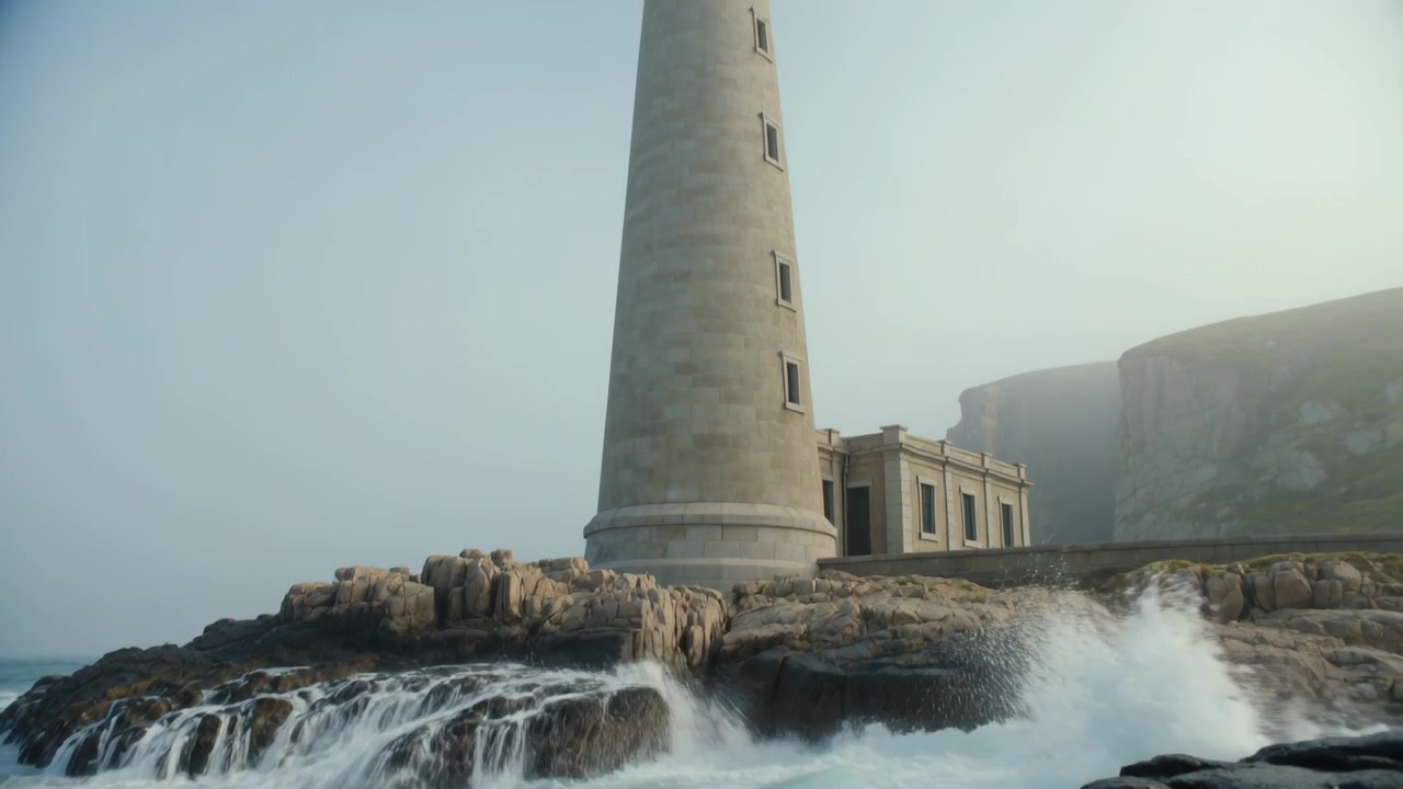 Brechende Wellen an felsiger Küste zwingen die Kamera, nach oben zu schwenken, und enthüllen einen Leuchtturm und eine Wärterhütte.