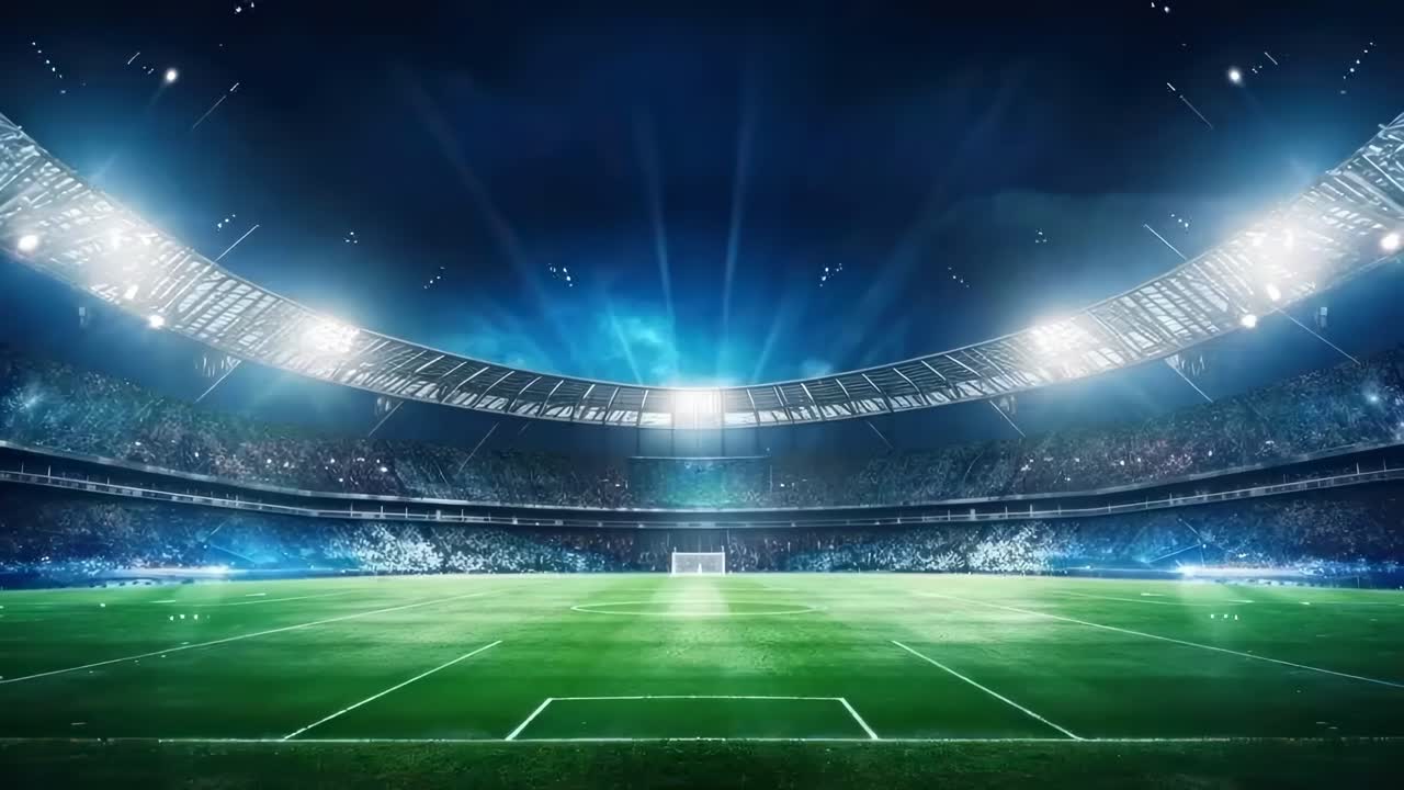 Wide-angle shot of an illuminated soccer stadium at night, capturing the vibrant atmosphere