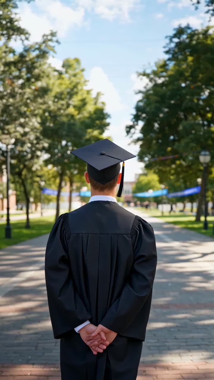 Graduate in Cap and Gown Standing on University Campus Path