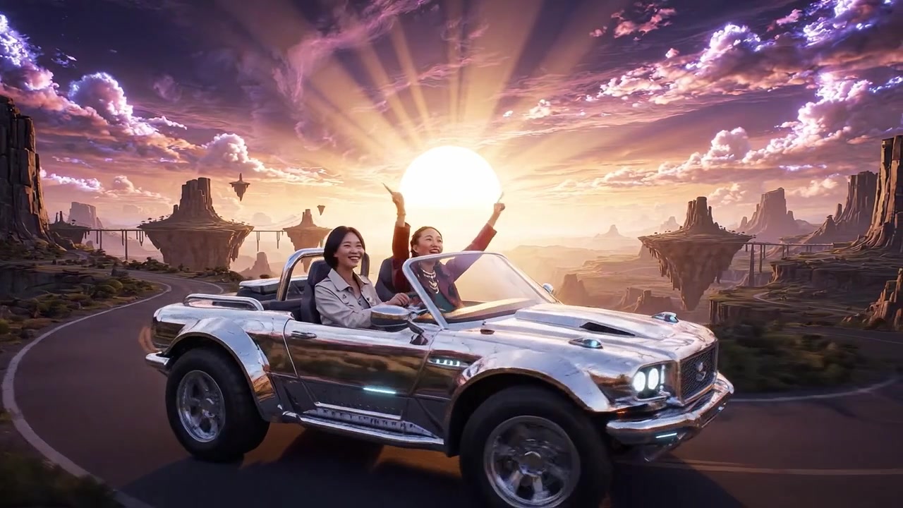 Due amici si godono un giro panoramico al tramonto in un'auto d'epoca decappottabile attraverso un paesaggio onirico con isole fluttuanti e cieli maestosi.