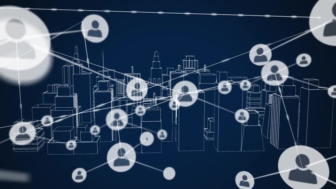 Animation of graphical moving people icons interconnecting with lines over rotating skyscrapers