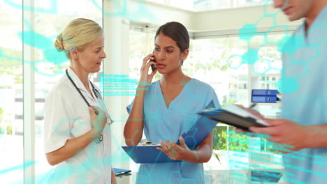 animation of data processing over diverse female doctors talking