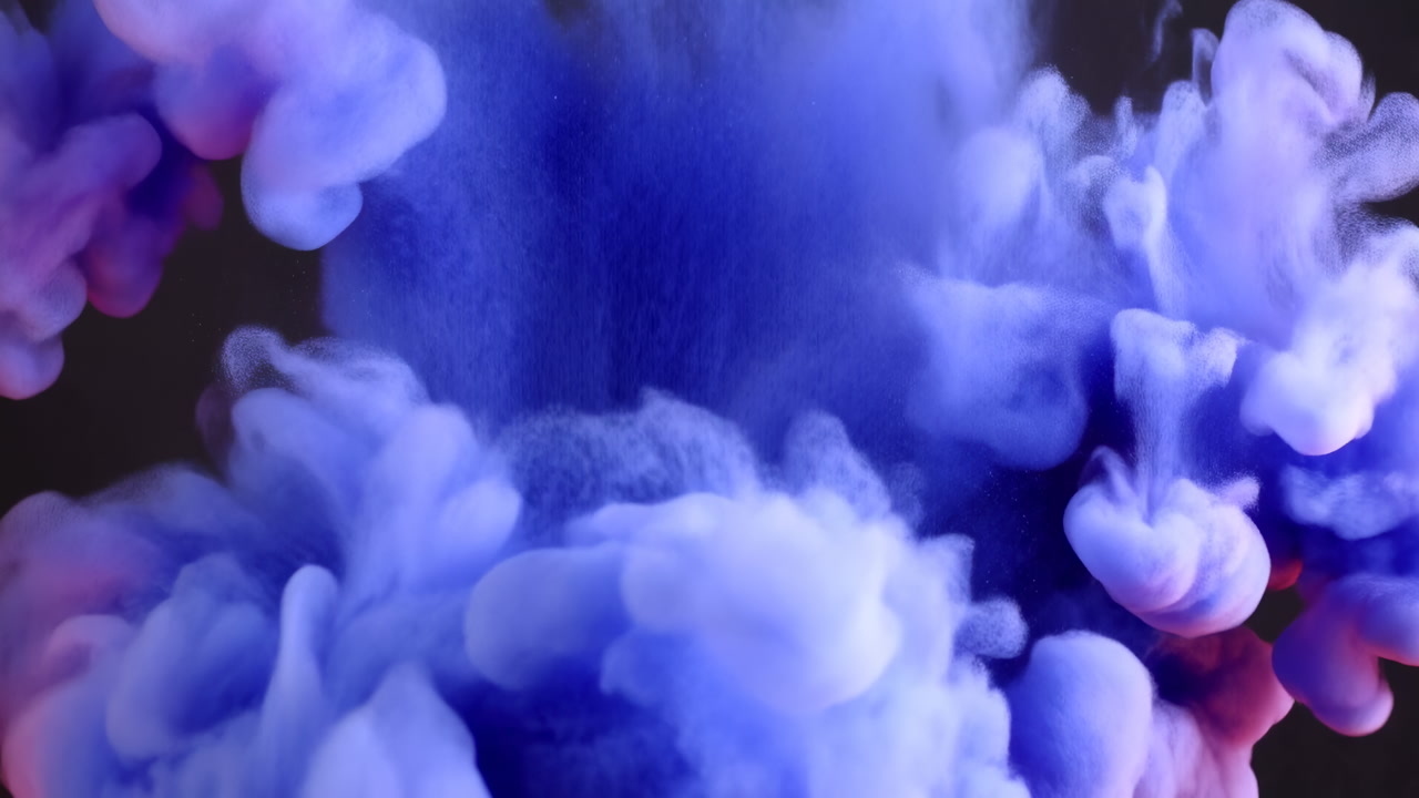 Deep Blue Ink Cloud Swirling Over Dark Background, Cinematic Fluid Motion With Violet Highlights, Dense Plumes
