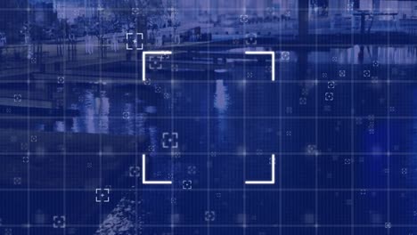 Animation-of-financial-data-processing-with-marker-over-grid-and-cityscape