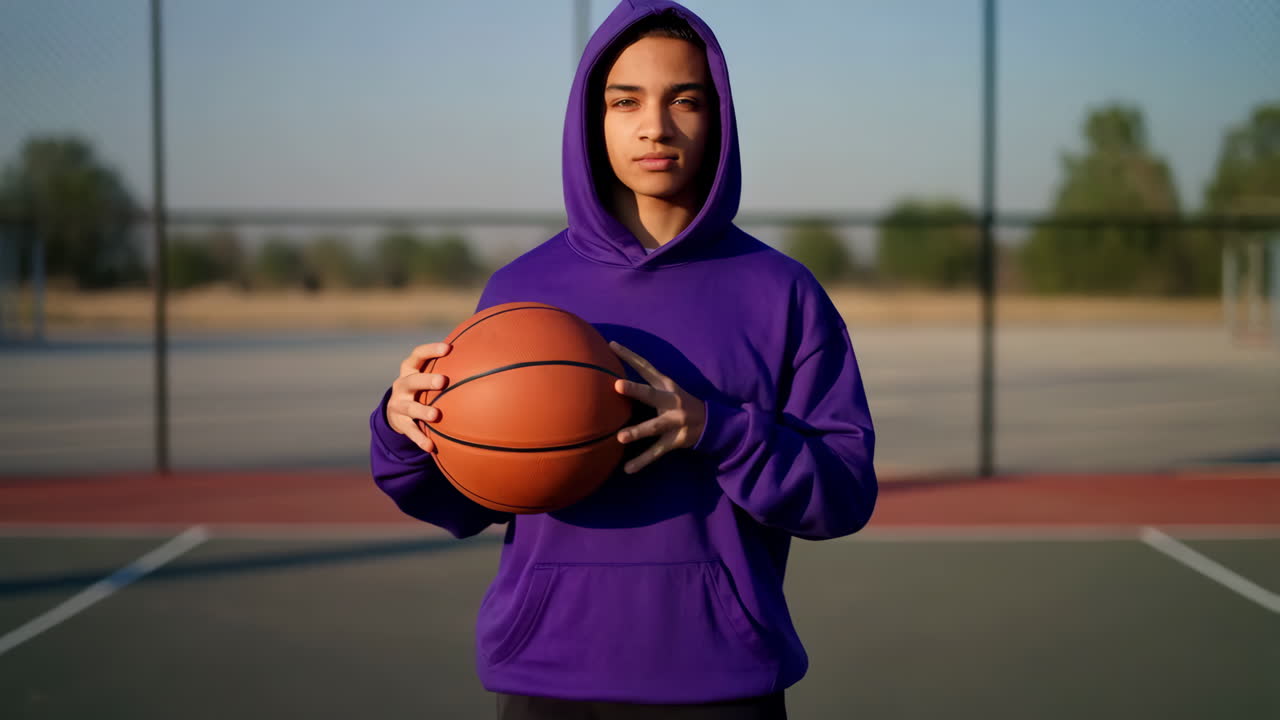 Young Person in Purple Hoodie Holding Basketball on Outdoor Court
