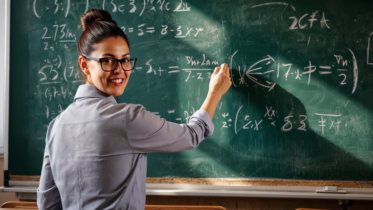 A teacher writing math equations on a chalkboard