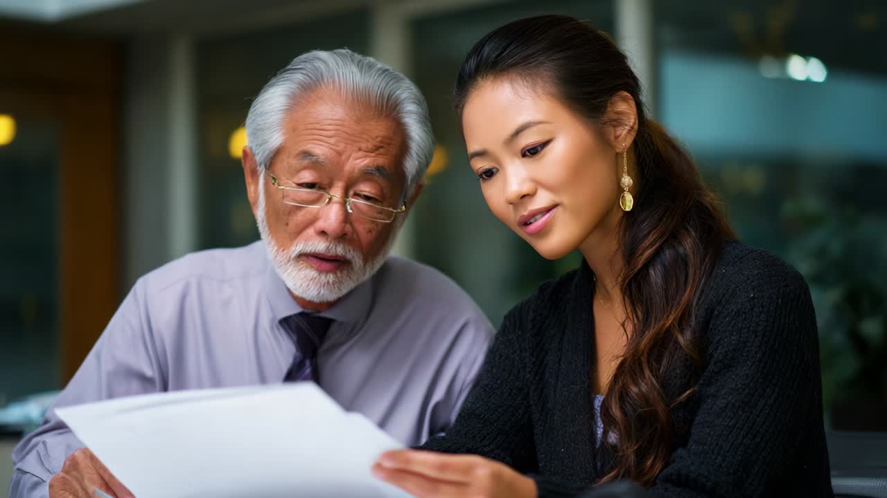 An elderly man and a young woman engage in a thoughtful discussion while reviewing documents, showcasing collaboration, wisdom, and mentorship in a professional environment