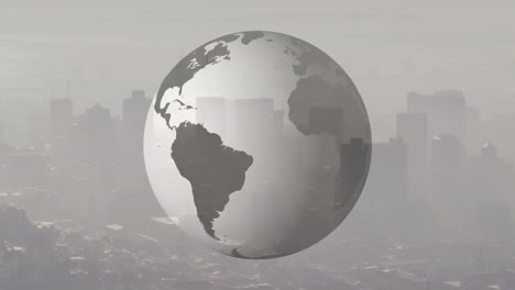metallic globe rotating over smoggy urban skyline, showing continents in 3d render style